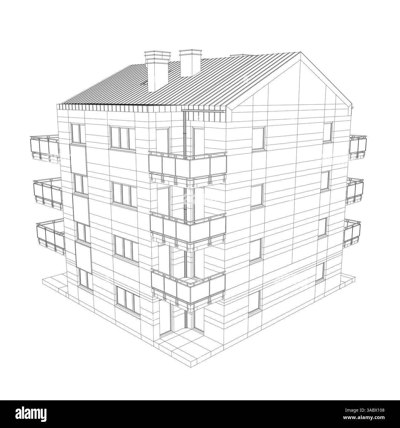 Ein Gebäude mit schrägem Dach und Kamin. Das Gebäude ist aus Ziegeln und hat viele Fenster Stock Vektor