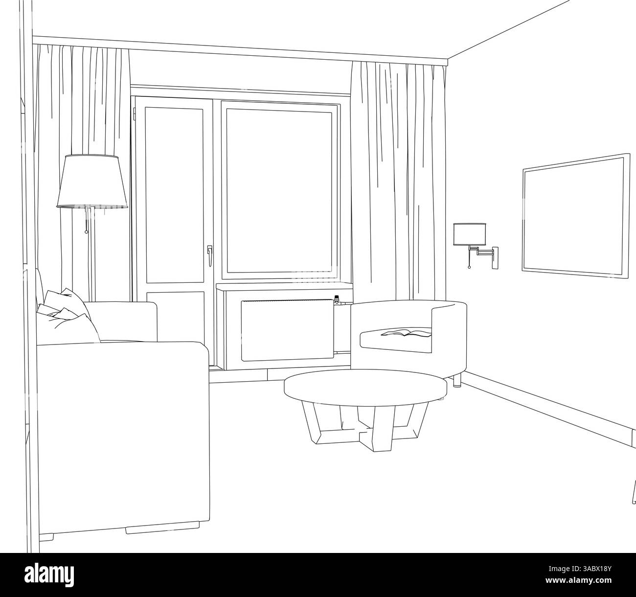Ein Zimmer mit einer Couch, einem Tisch und einer Lampe. Das Zimmer ist leer und hat ein minimalistisches Design Stock Vektor