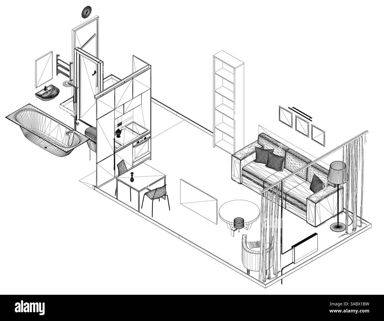 Das Bild ist eine Zeichnung eines Wohnzimmers mit einer Couch, einem Stuhl, einem Tisch, einer Lampe und einem Waschbecken. Das Zimmer ist gemütlich und einladend gestaltet, mit einem Komfort Stock Vektor