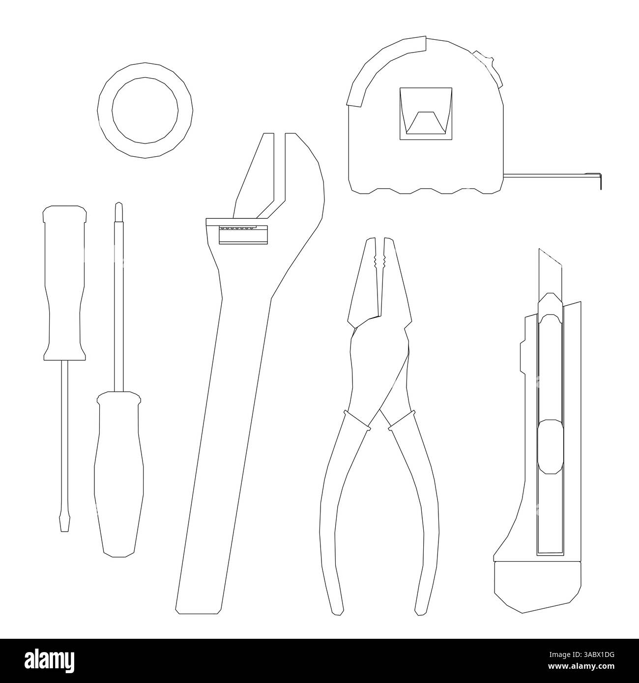 Ein Werkzeugsatz, einschließlich Schraubenschlüssel, Zange und Schere. Handwerkliches Konzept und die Bedeutung der richtigen Werkzeuge für die Arbeit Stock Vektor