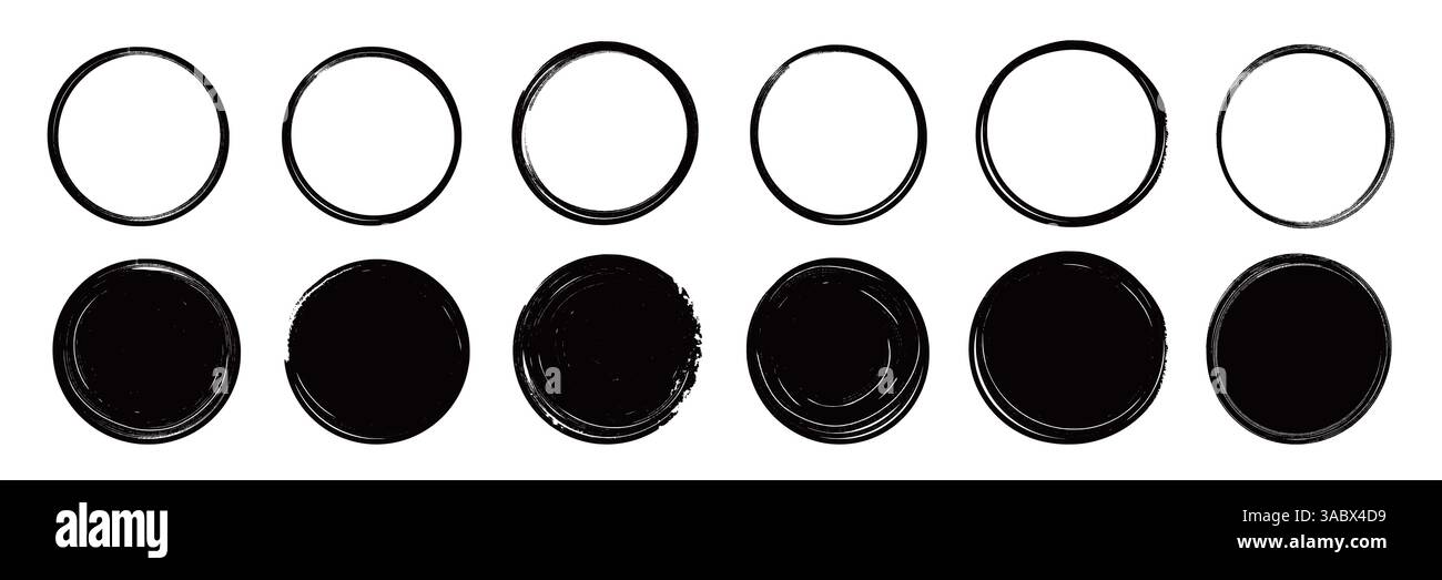 Pinselstrich Textur Kreis handgezeichnetes Elementset. Handgezeichneter Pinselstrich Kalligraphie-Rohlinienrahmen. Textur Kontur Kreis Hintergrund. Abstrakter Grunge-Stil mit Flecken. Vektorabbildung Stock Vektor