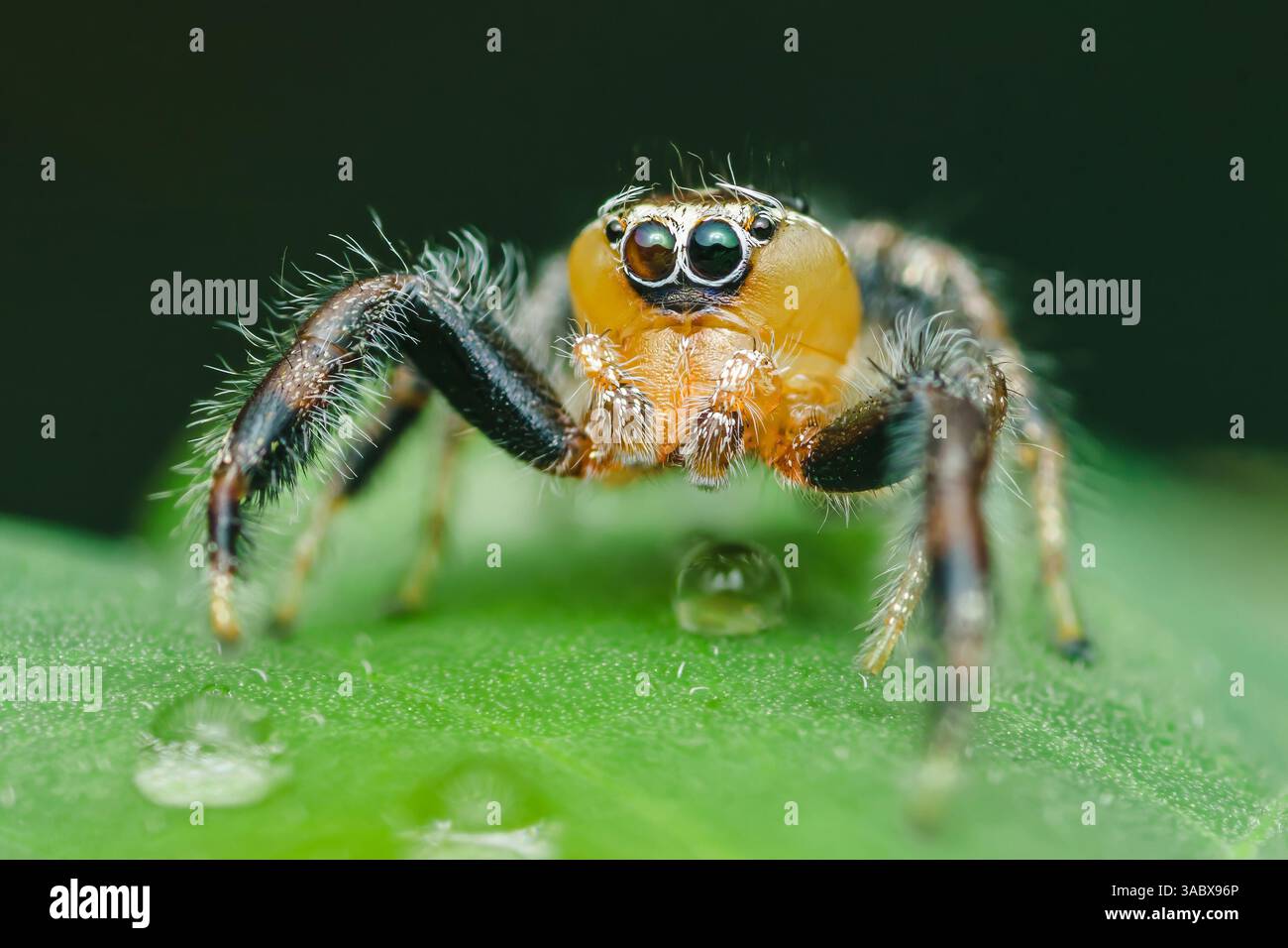 Nahaufnahme einer farbenfrohen springenden Spinne, die auf einem lebhaften grünen Blatt steht und mit ihren haarigen Beinen die Oberfläche nahe glitzernder Wassertröpfchen erfasst Stockfoto