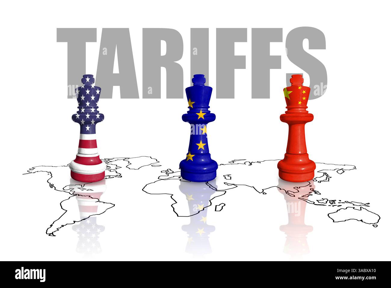 Schach aus USA, EU und China-Flaggen auf einer Weltkarte. China, Europa Union und Vereinigte Staaten von Amerika Handel, Zölle und Zölle Krieg Stockfoto