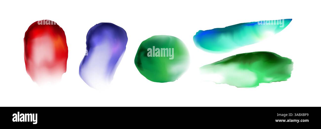 Pinselstriche in Aquarellfarben. Durchscheinende Farbflecken. Farbenfrohe abstrakte künstlerische Aquarellflecken, fließende flüssige Tintenspritzer auf weißem Hintergrund für kreative Designprojekte. Stock Vektor