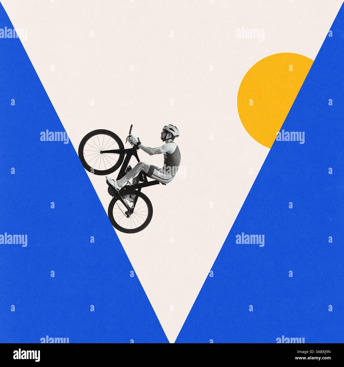 Zeitgenössische Kunstcollage. Junger Mann, der mit dem Fahrrad in Richtung Hügel fährt. Marathonvorbereitung. Geschwindigkeit und Ausdauer. Kunstwerk im Bauhaus-Stil. Stockfoto