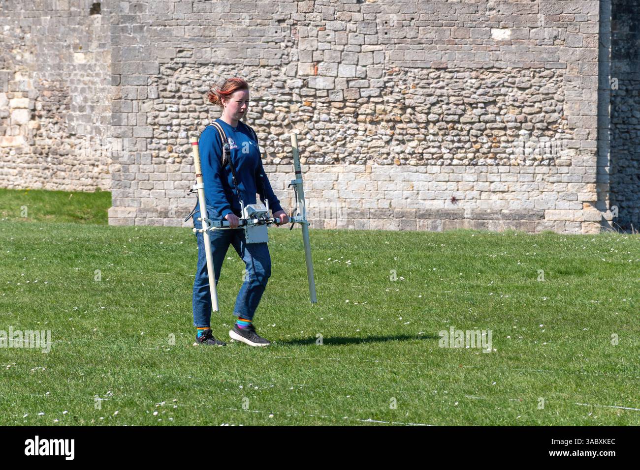 Archäologiestudent, der eine geophysikalische Untersuchung mit einem Magnetometer durchführt, Portchester Castle, Hampshire, England, Großbritannien Stockfoto