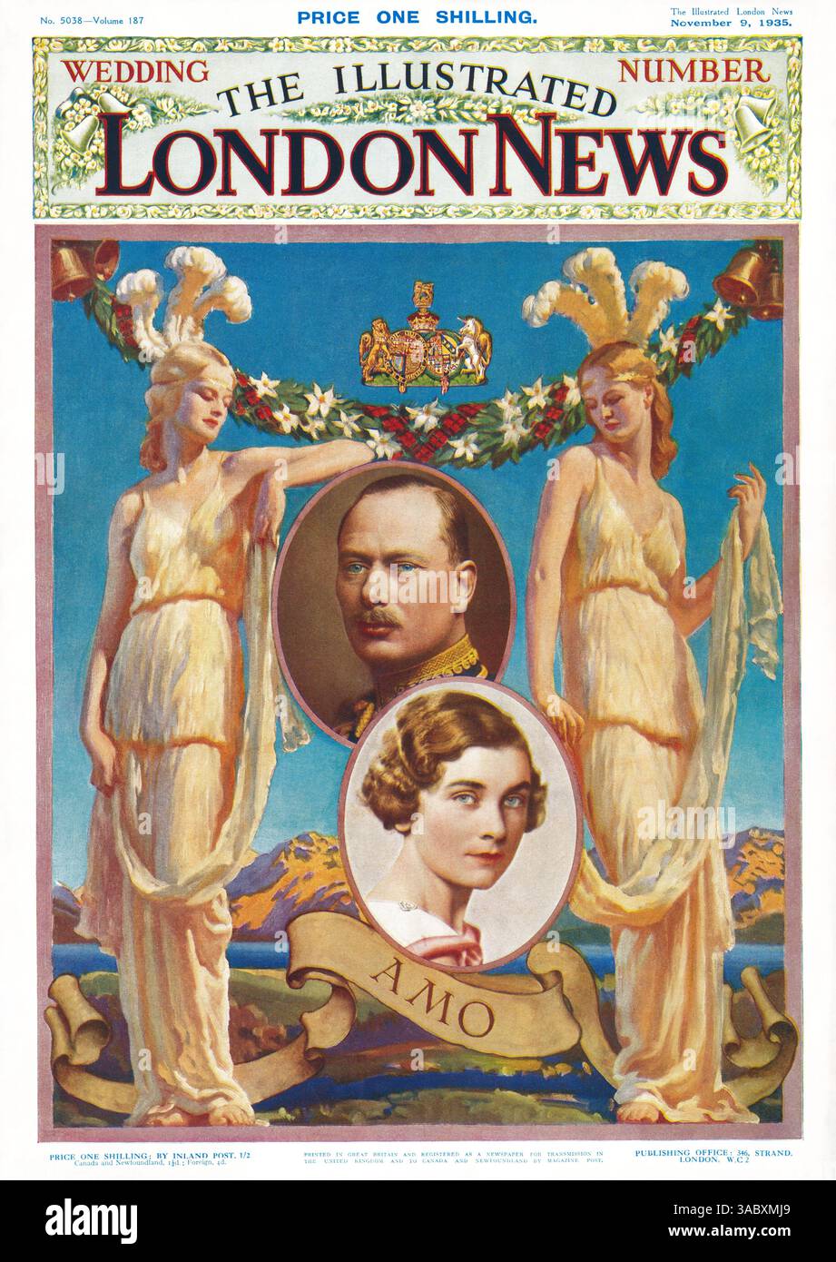 Vintage-Titelseite des Magazins The Illustrated London News, Ausgabe am 9. November 1935. Sie feierte die Hochzeit von Prinz Heinrich, Herzog von Gloucester, dem dritten Sohn von König George V., und Lady Alice Montagu Douglas Scott am 6. November 1935. Stockfoto