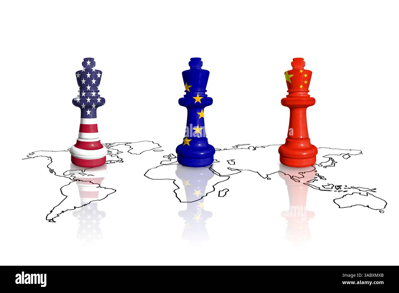 Schach aus USA, EU und China-Flaggen auf einer Weltkarte. China, Europa Union und Vereinigte Staaten von Amerika Handel, Zölle und Zölle Krieg Stockfoto