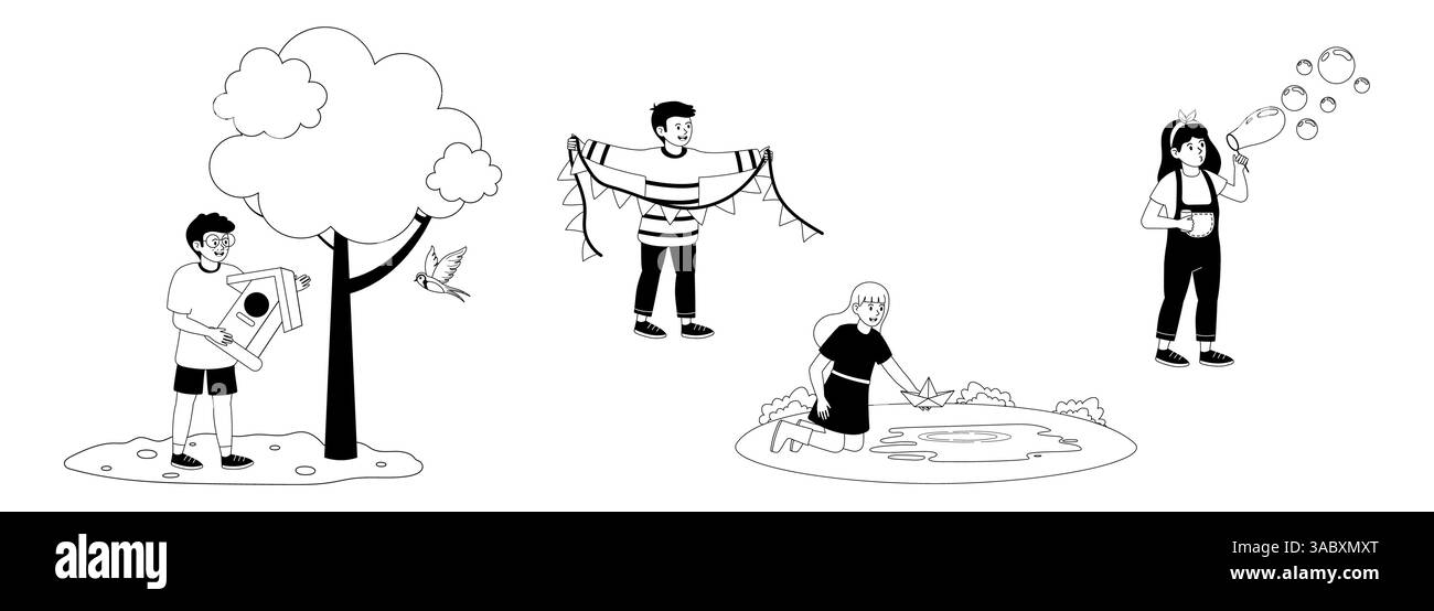 Kinder können an sonnigen Tagen in einem Park spielerische Aktivitäten im Freien Unternehmen Stock Vektor