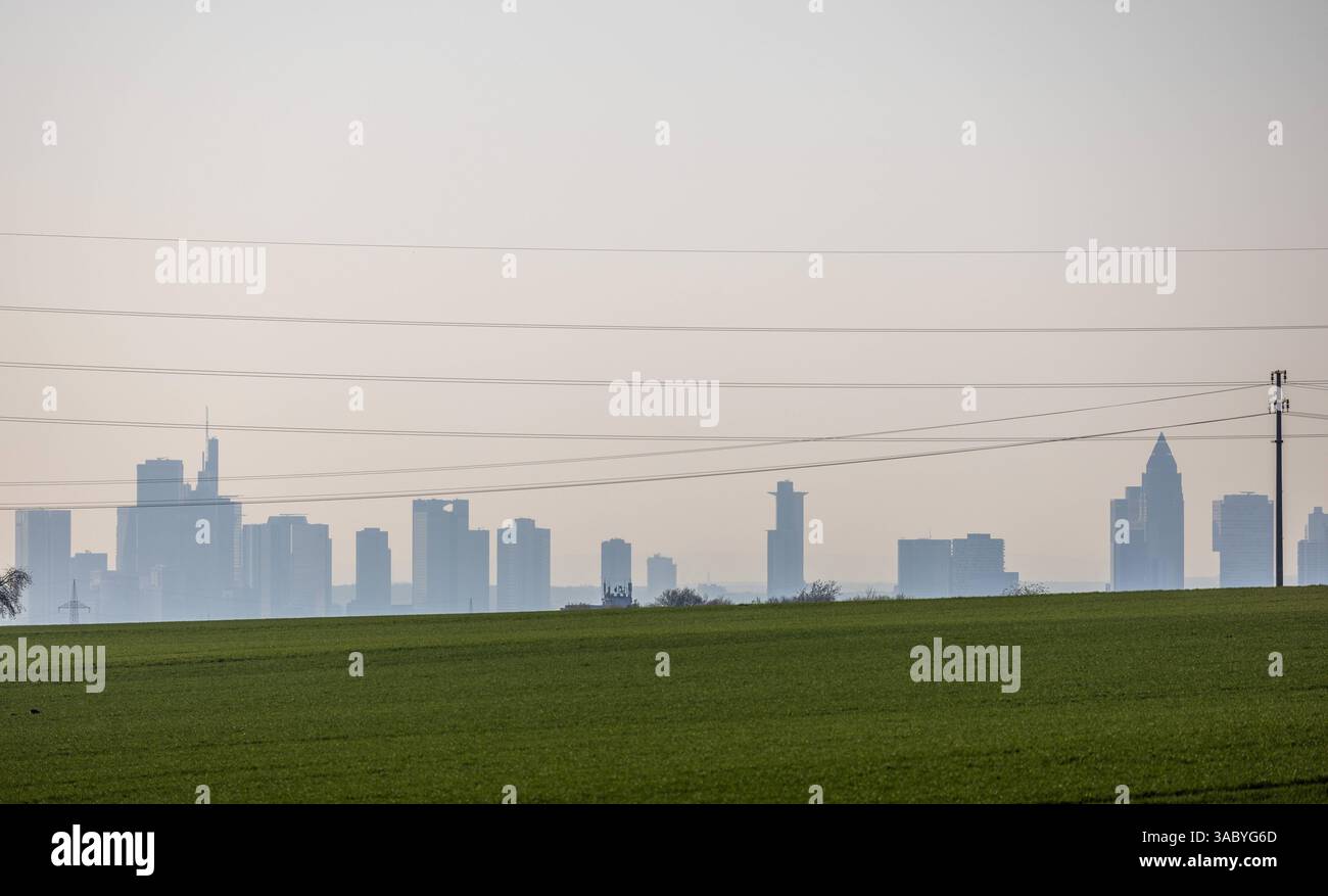 Frankfurt am Morgen die Hochhäuser der Bankensykline sind am Morgen am Horizont zu sehen. Das DAX ist am Morgen wegen der US Zölle unter 22,000 Zähler gefallen., Oberursel Hessen Deutschland *** Frankfurt am Morgen sind die Wolkenkratzer des Bankensystems am Horizont zu sehen morgens fiel der DAX aufgrund der US-Tarife unter 22.000 Punkte am Morgen Stockfoto