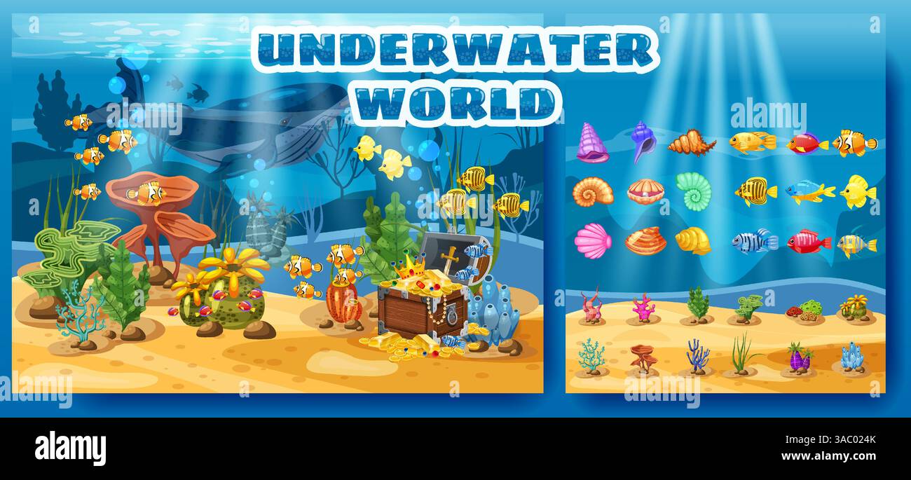 Unterwasser-Welt-Spiel für Kinder, Meeresboden, Piraten-Schatzkiste Stock Vektor