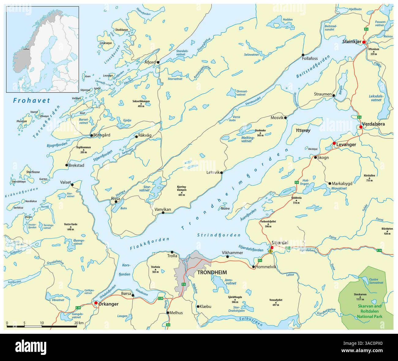 Detaillierte Karte des norwegischen Trondheimfjords Stockfoto