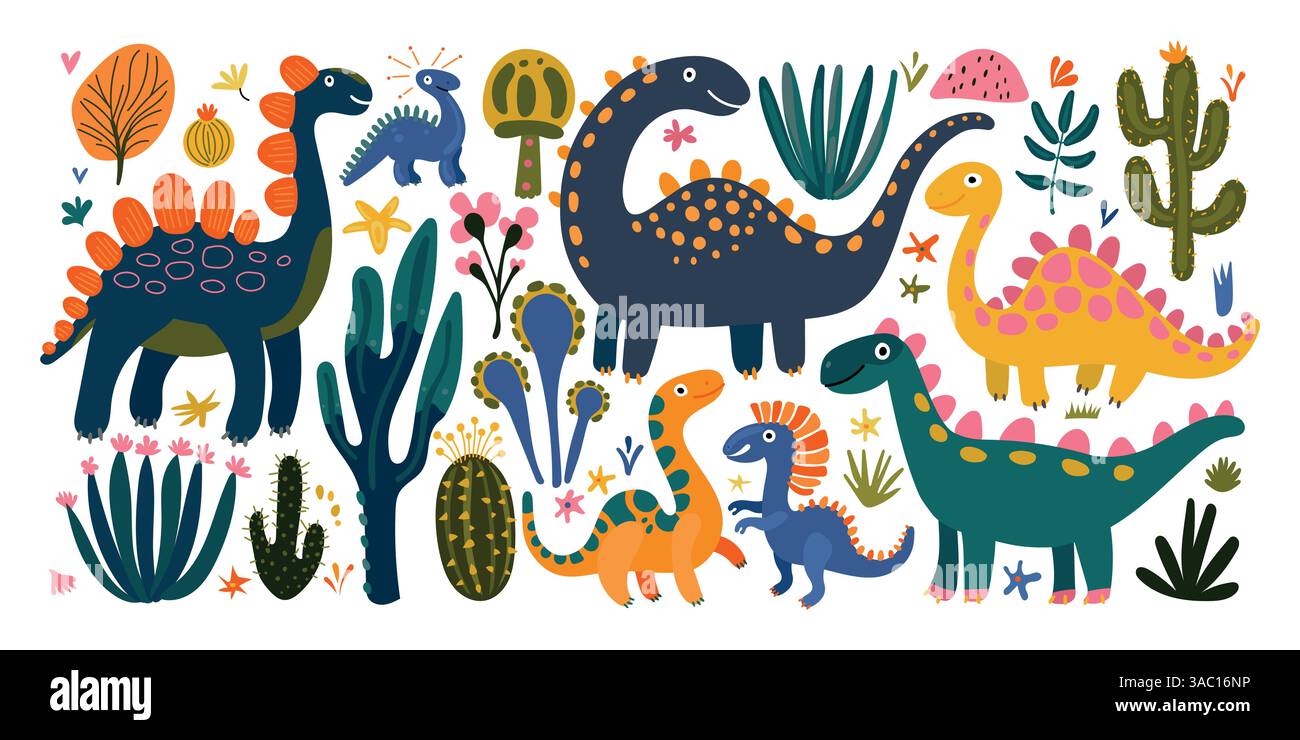 Farbenfrohe Dinosaurier- und Pflanzensammlung in einer verspielten prähistorischen Szene, ideal für Kleinkindbücher, Dschungelmotive oder Bildgrafiken für Kinder Stock Vektor