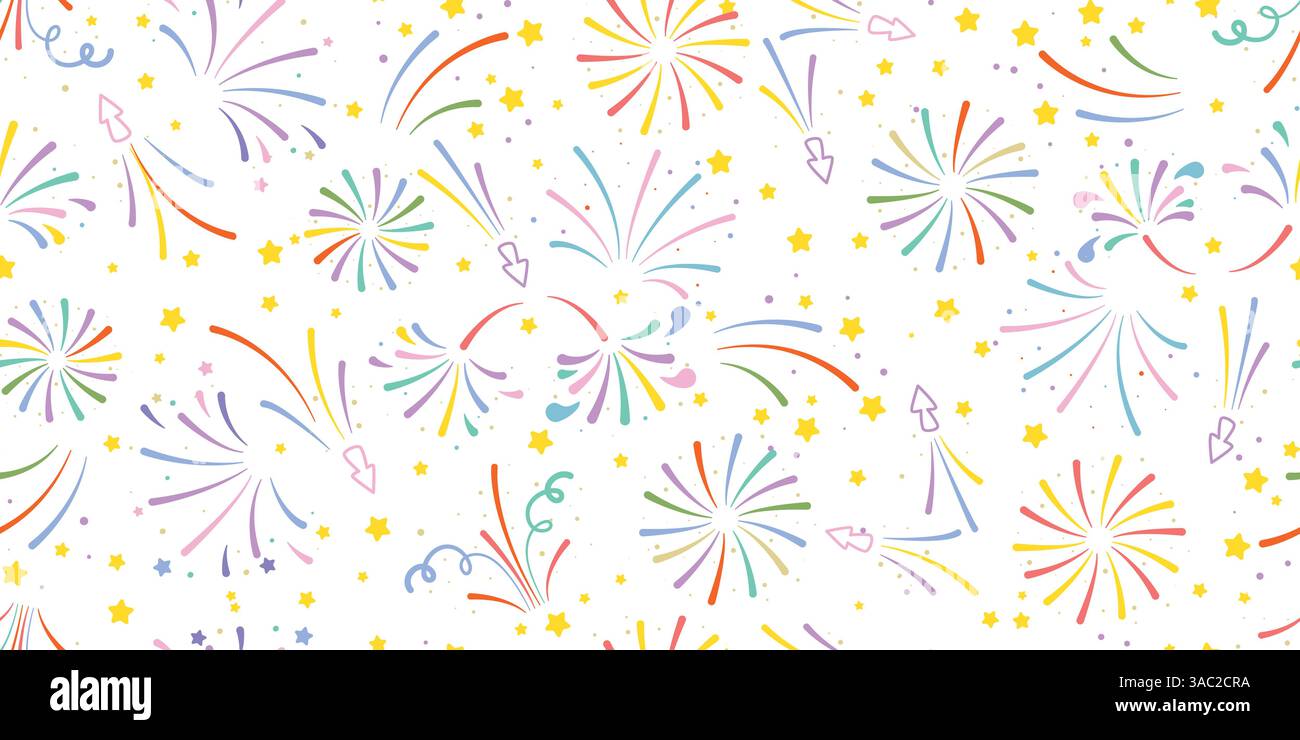 Bunte Salute, Feuerwerk, Poppers und Konfetti nahtlose Muster. Festlicher Hintergrund mit buntem Lametta. Farbenfrohe Explosions-Feuerwerkskörper-Aufdruck Stock Vektor