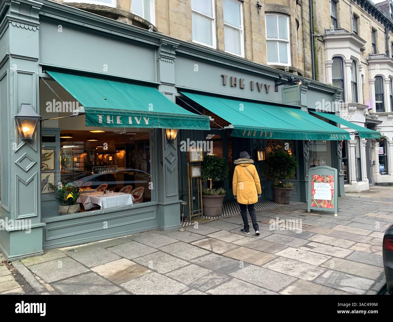 Harrogate Yorkshire England Großbritannien Großbritannien britische Geschäfte Einkaufsmöglichkeiten alte Kleidung Essen Essen das Ivy Restaurant viktorianische Stadt Kunst künstlerisches Design - Smartphone-aufgenommenes Stockfoto