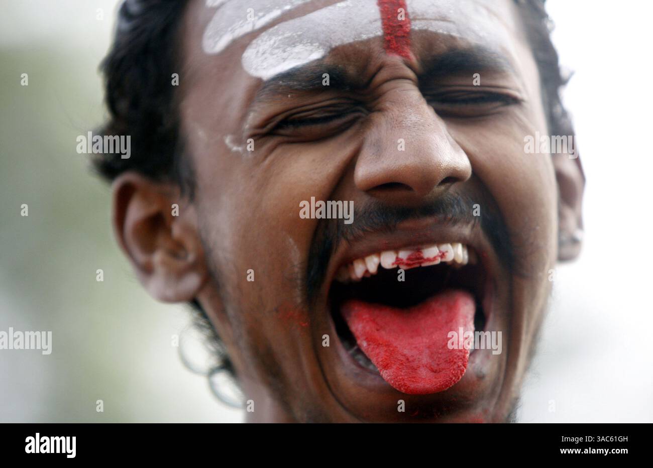 12. März 2008 - Kuala Lumpur, Malaysia - Thaipusam ist ein Hindu-Festival, das von der tamilischen Gemeinschaft weltweit am Vollmond im tamilischen Monat Thai gefeiert wird. Malaysische Gläubige bereiten sich auf das Ereignis vor, indem sie sich durch Gebet und Fasten reinigen. Fromme Teilnehmer durchstechen die Haut, Zunge oder Wangen mit Spießen. Es heißt, je größer der Schmerz, desto mehr Gott verdienten Verdienst. BILD am 23. Januar 2008: Ein hinduistischer Anhänger schreit während des Thaipusam Festivals. (Kreditbild: © Syamsu Stockfoto