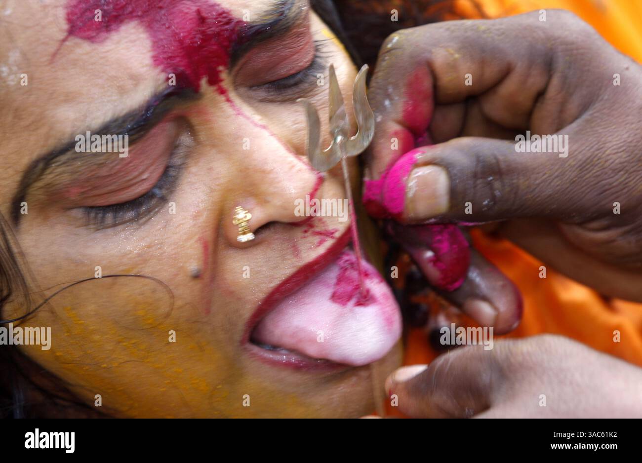 12. März 2008 - Kuala Lumpur, Malaysia - Thaipusam ist ein Hindu-Festival, das von der tamilischen Gemeinschaft weltweit am Vollmond im tamilischen Monat Thai gefeiert wird. Malaysische Gläubige bereiten sich auf das Ereignis vor, indem sie sich durch Gebet und Fasten reinigen. Fromme Teilnehmer durchstechen die Haut, Zunge oder Wangen mit Spießen. Es heißt, je größer der Schmerz, desto mehr Gott verdienten Verdienst. BILD am 23. Januar 2008: Ein hinduistischer Anhänger durchbohrt sich während des Thaipusam Festivals mit einem Spieß auf die Zunge. (Bild: © Syamsul Bahri Mu Stockfoto