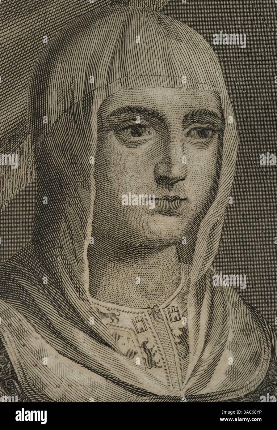 Isabella I (1451-1504). Königin von Kastilien (1474-1504). Königin Gemahlin von Aragon. Hochformat. Stich von A. Roca. Details. Historia de las persecuciones Políticas y religiosas en Europa (Geschichte der politischen und religiösen Verfolgungen in Europa). Band I. veröffentlicht in Barcelona, 1863. Stockfoto