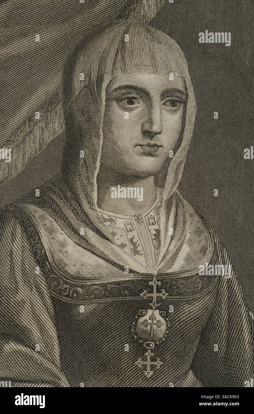 Isabella I (1451-1504). Königin von Kastilien (1474-1504). Königin Gemahlin von Aragon. Hochformat. Stich von A. Roca. Details. Historia de las persecuciones Políticas y religiosas en Europa (Geschichte der politischen und religiösen Verfolgungen in Europa). Band I. veröffentlicht in Barcelona, 1863. Stockfoto