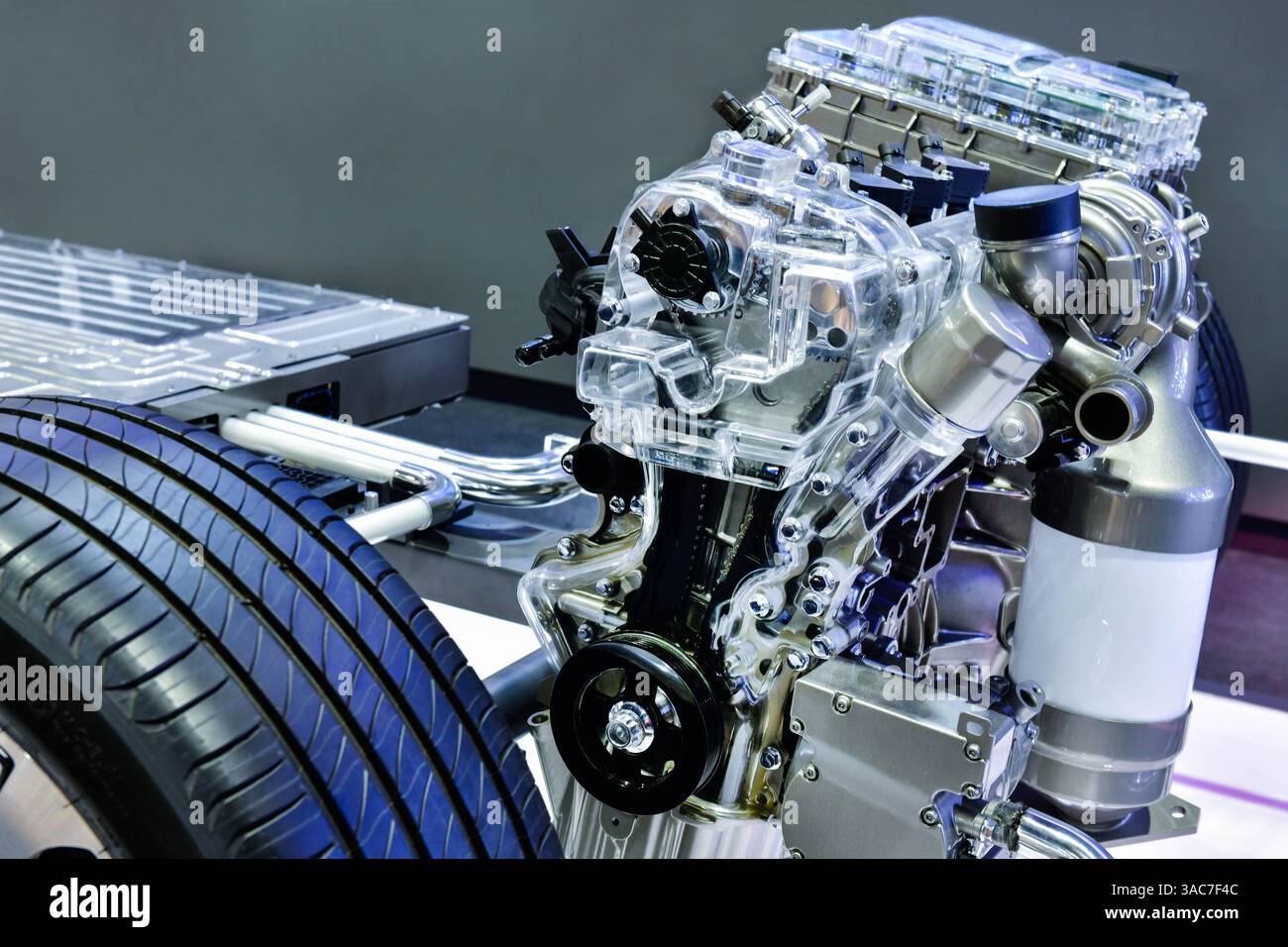 Fahrgestell für Elektrofahrzeuge mit Batteriepack, umweltfreundliche Elektroautos Stockfoto