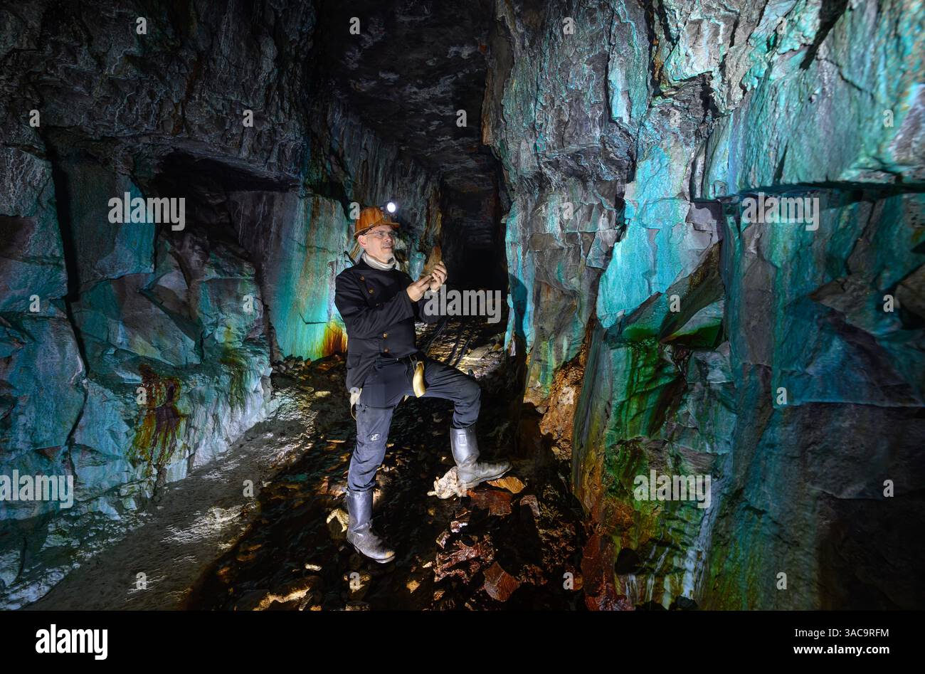 PRODUKTION - 02. April 2025, Sachsen-Anhalt, Sangerhausen: Thomas Wäsche, Leiter des Erlebniszentrums Bergbau Röhrigschacht Wettelrode, steht fast 300 Meter unterirdisch im sogenannten Grünen Gewölbe. Das Sintern wird durch gelöste Mineralien aus dem Kalkstein verursacht. Die Farbpalette reicht von kräftigen Brauntönen bis zu weiß, Grün, Türkis, Blau und Schwarz. Die ersten Bergleute begannen vor 825 Jahren in der Region Mansfeld mit dem Graben nach Kupfererz. Ab 1750 wurde ein intensiver Bergbau durchgeführt. Insgesamt wurden rund 2,6 Millionen Tonnen Kupfer und 14.213 Tonnen Silber aus dem Erz gewonnen Stockfoto