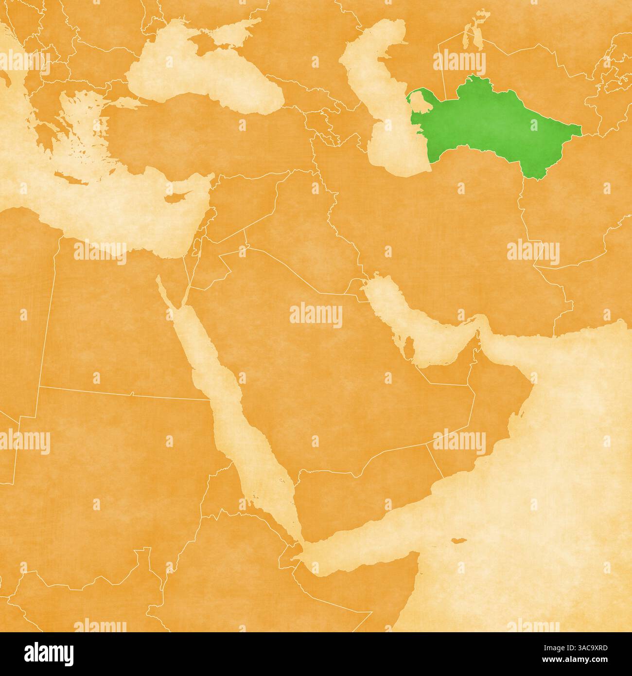 Turkmenistan auf einer ockerfarbenen Retro-Karte des Nahen Ostens (Westasien) auf altem Altpapier. Stockfoto