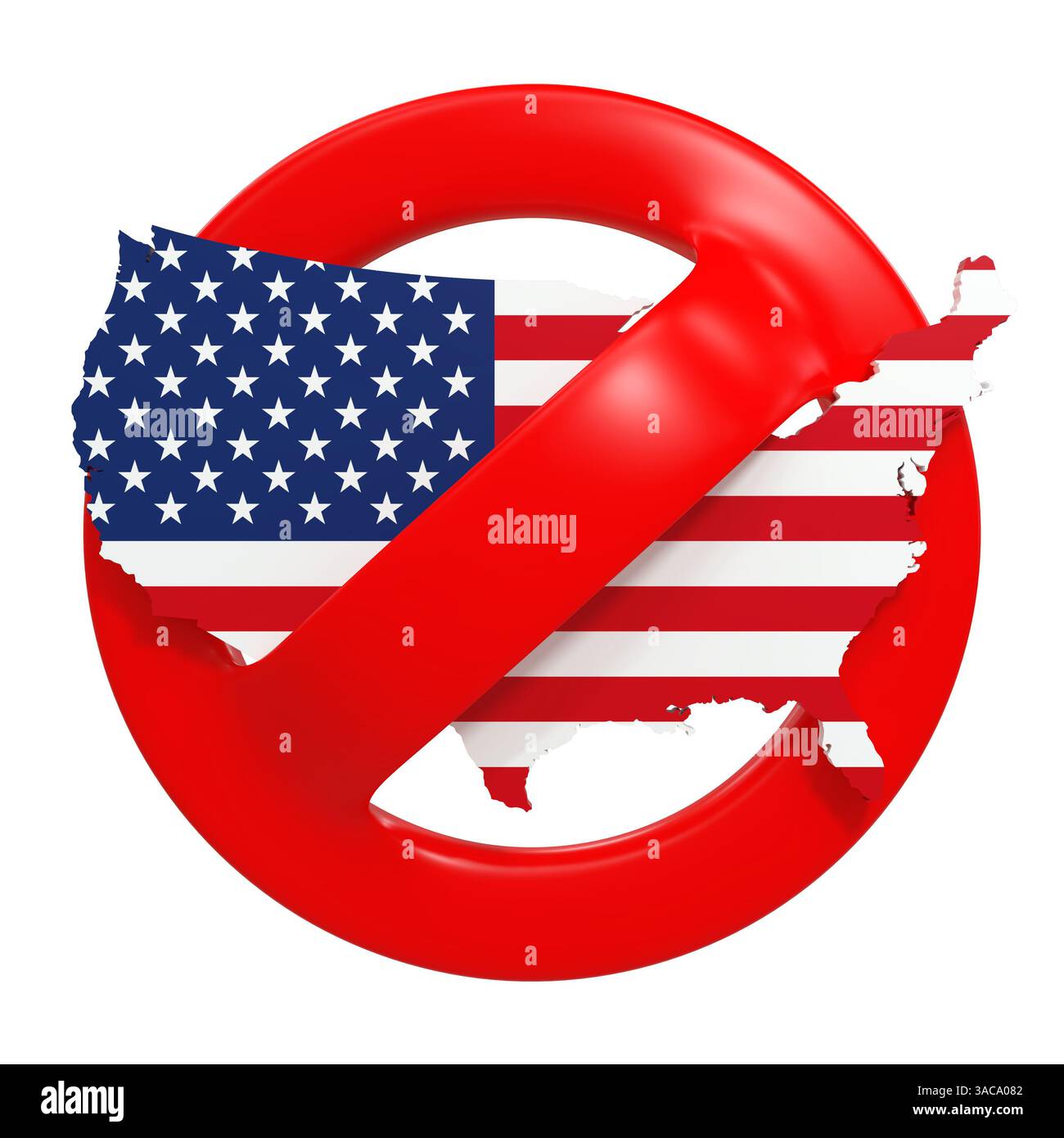 3D-Karte der USA mit der amerikanischen Flagge in einem runden roten Verbotsschild - weißer Hintergrund - 3D-Rendering Stockfoto