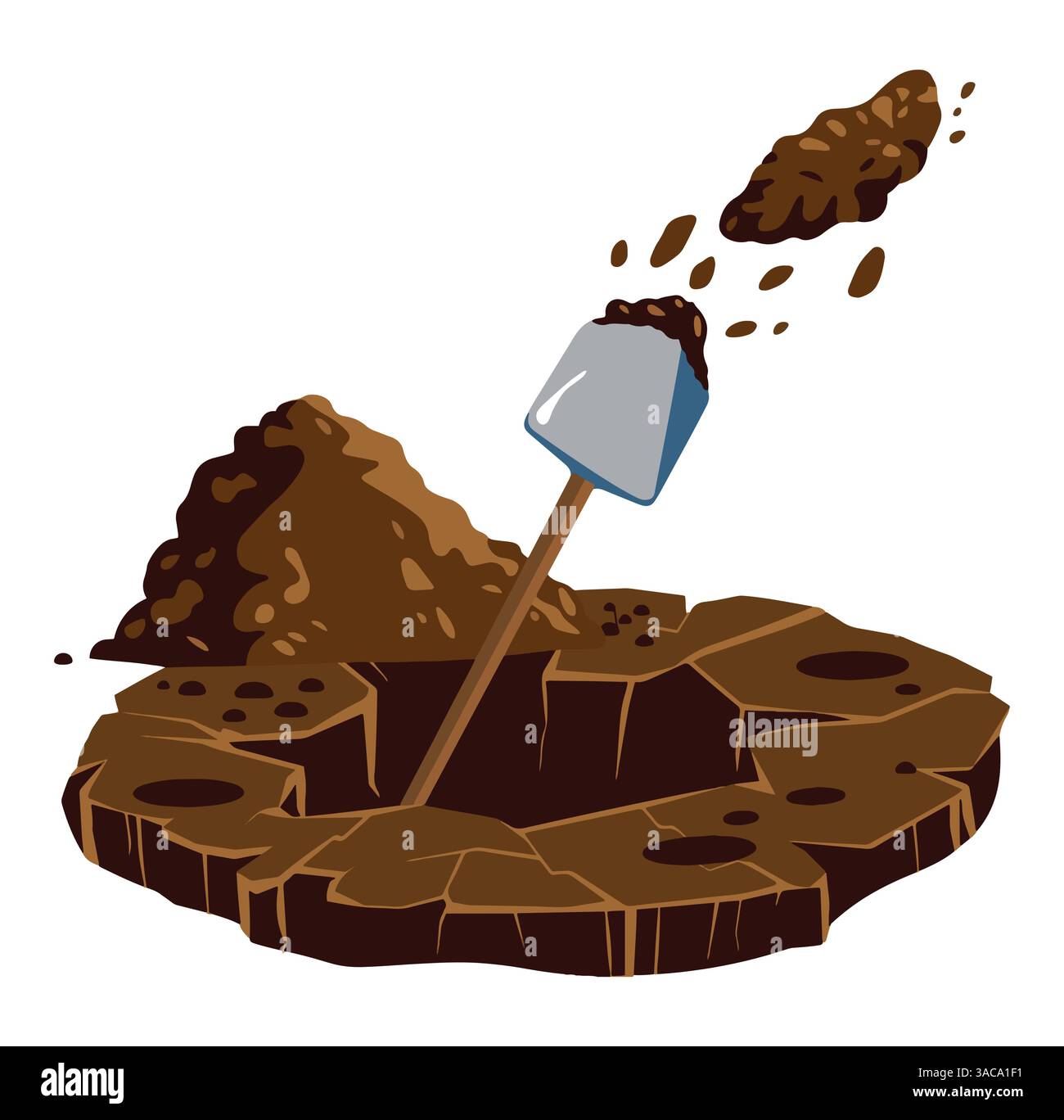 Ein Loch für ein Grab oder eine Ausgrabung in der Wüste graben. Zeichentrickfigur mit einem Haufen Dreck, Steinen und einer Schaufel auf weißem Hintergrund. Ide Stock Vektor