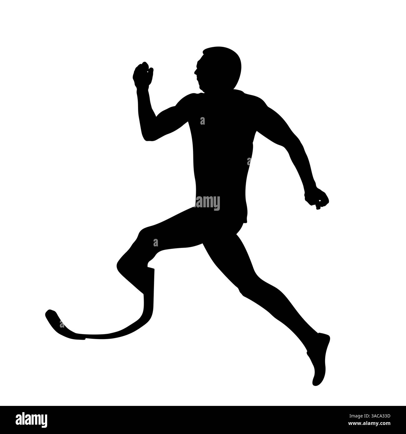 Männlicher Athlet mit einer Beinprothese, schwarze Silhouette auf weißem Hintergrund Stockfoto
