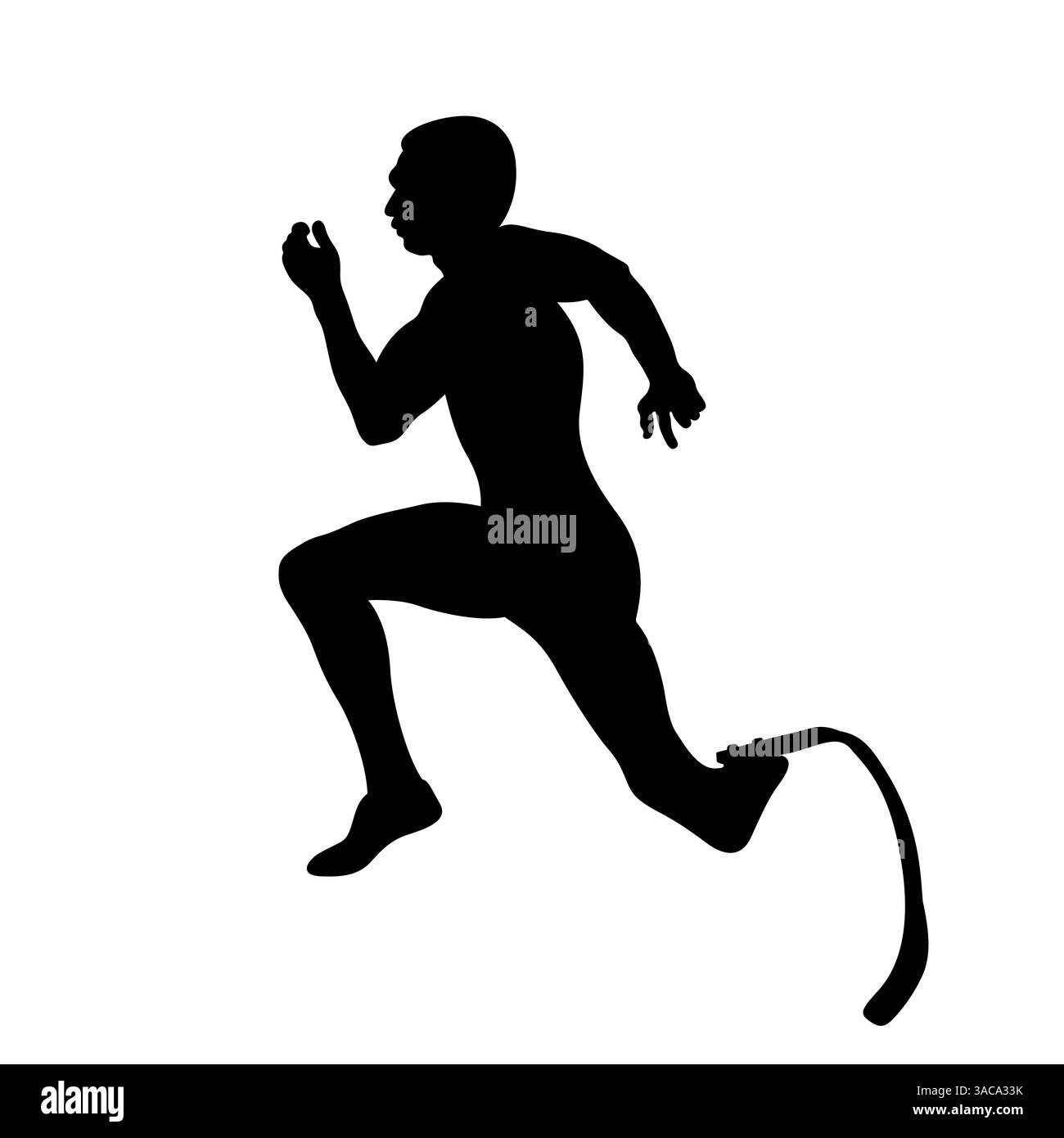 Läuferin mit laufender Beinprothese, schwarze Silhouette auf weißem Hintergrund Stockfoto