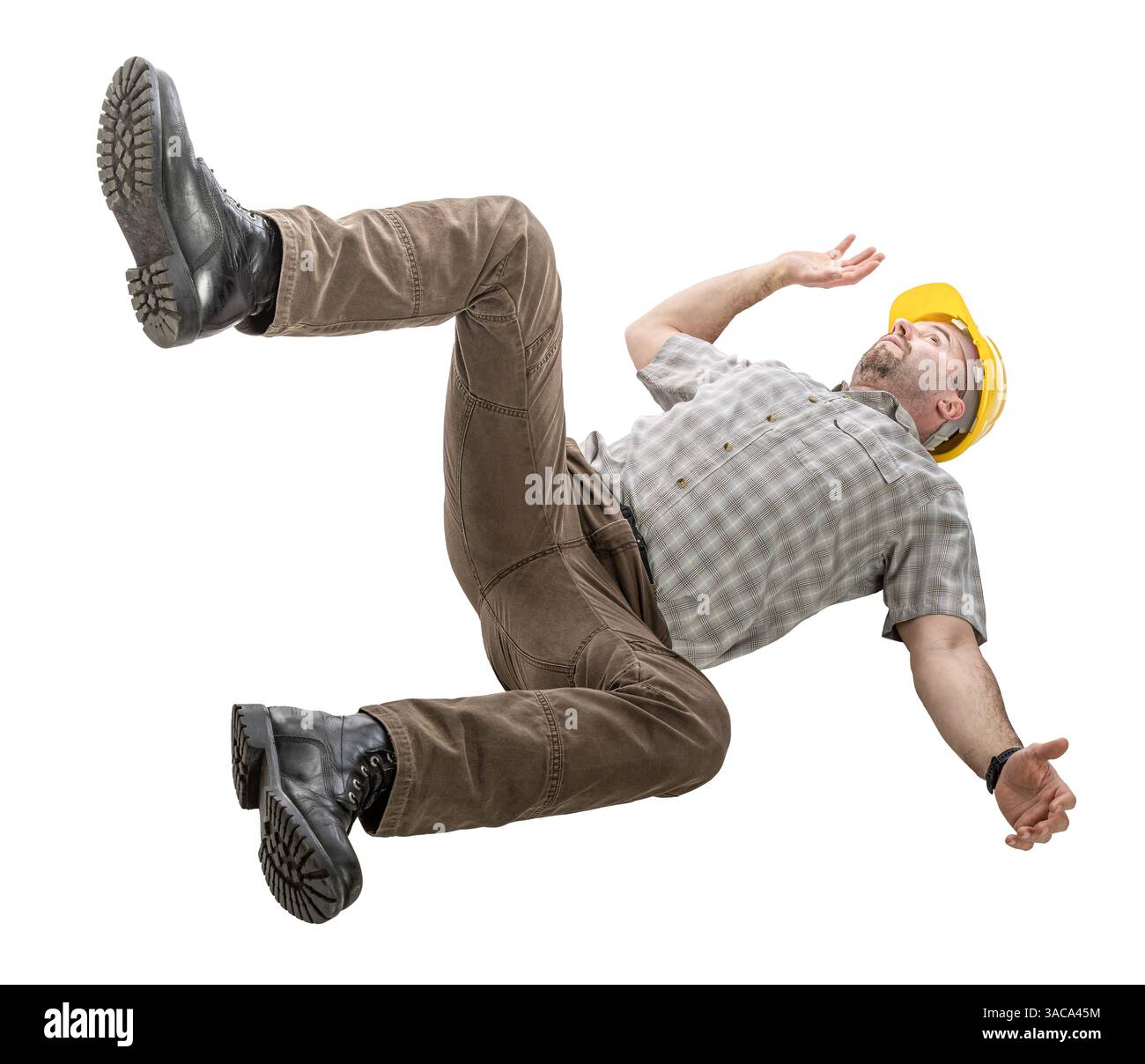 Bauarbeiter fällt auf transparenten Hintergrund Stockfoto