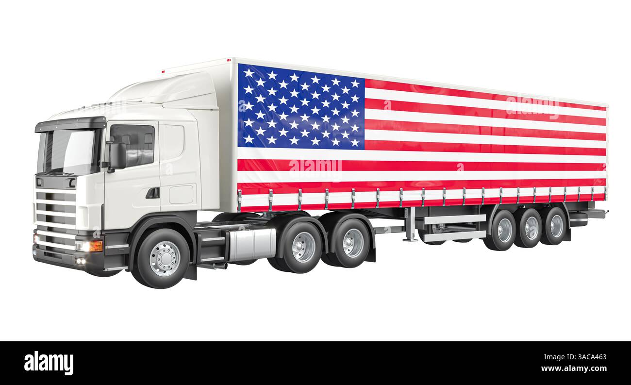 Lkw mit amerikanischer Flagge auf dem Anhänger auf transparentem Hintergrund 3D Stockfoto