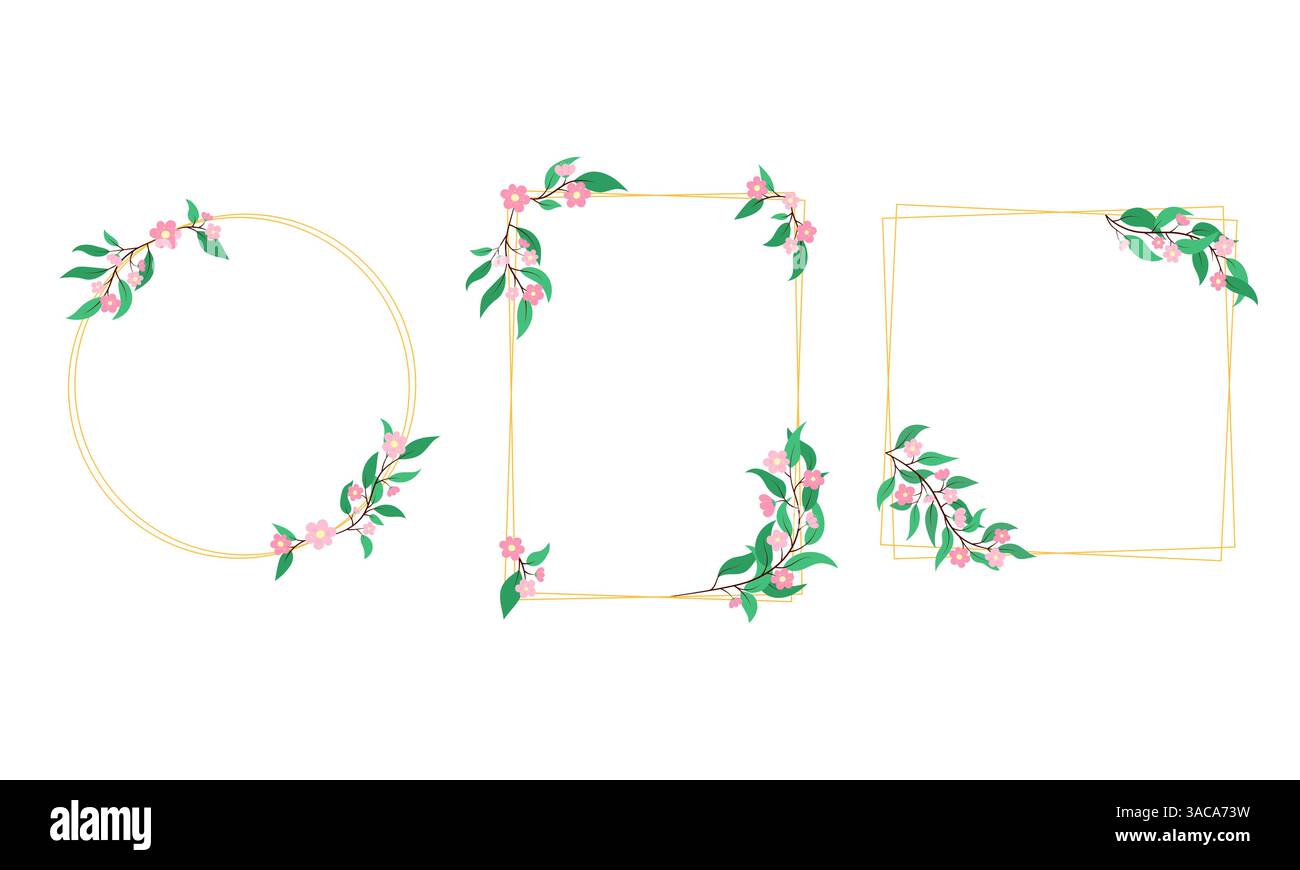 Niedliches Blumengestell Vektor-Set. Elegante goldene Linien und rosafarbene Blumen auf weißem Hintergrund. Dekorative Blütendesign-Elemente. Botanik Stock Vektor