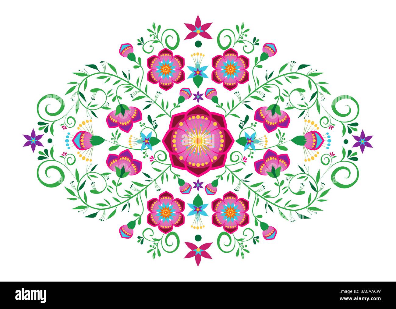 Mexikanische Volkskunst Stil Vektor Blumenmuster, Blumen Rand Rahmen Designs inspiriert von traditionellen Stickerei aus Mexiko, Illustration isoliert Stock Vektor