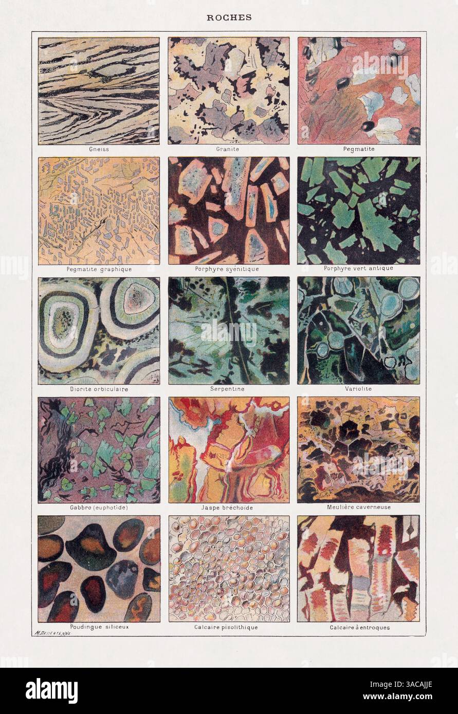 Illustration über die Petrologie (die Studie der Felsen) gedruckt in einem französischen Wörterbuch des späten 19. Jahrhunderts. Stockfoto