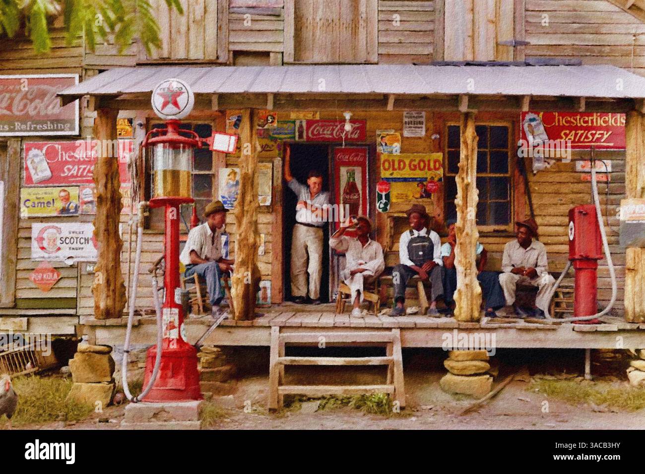 Eine Gruppe von Männern versammelte sich vor dem Landhaus. Gordonton, Person County, North Carolina, Vereinigte Staaten 1939. Stockfoto