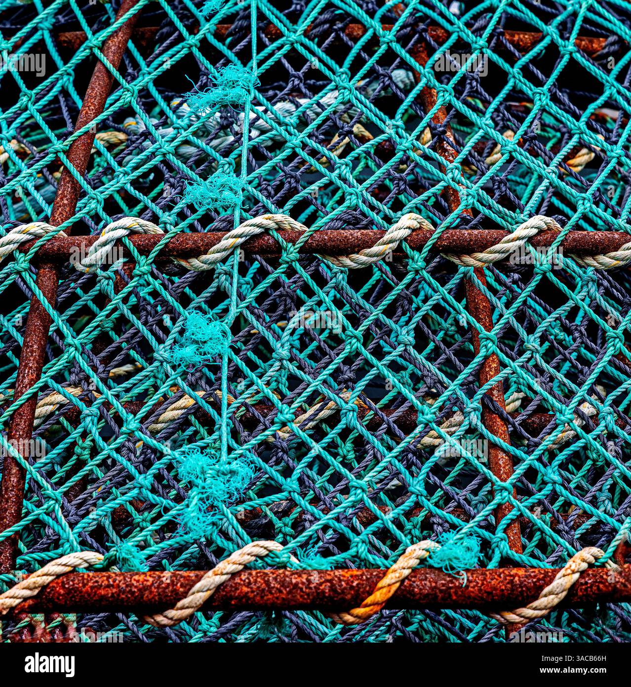 Québec, Sept-Iles, Kanada. Fischernetze. Stockfoto