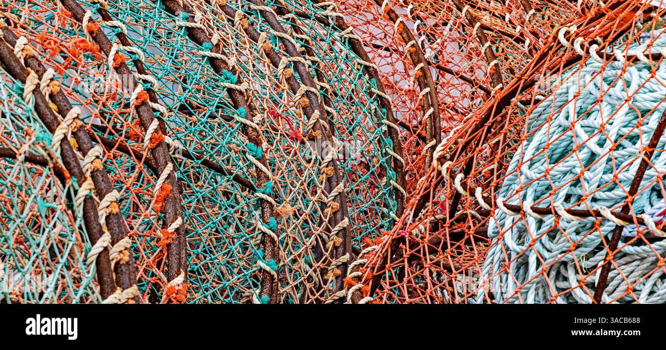 Québec, Sept-Iles, Kanada. Fischernetze. Stockfoto