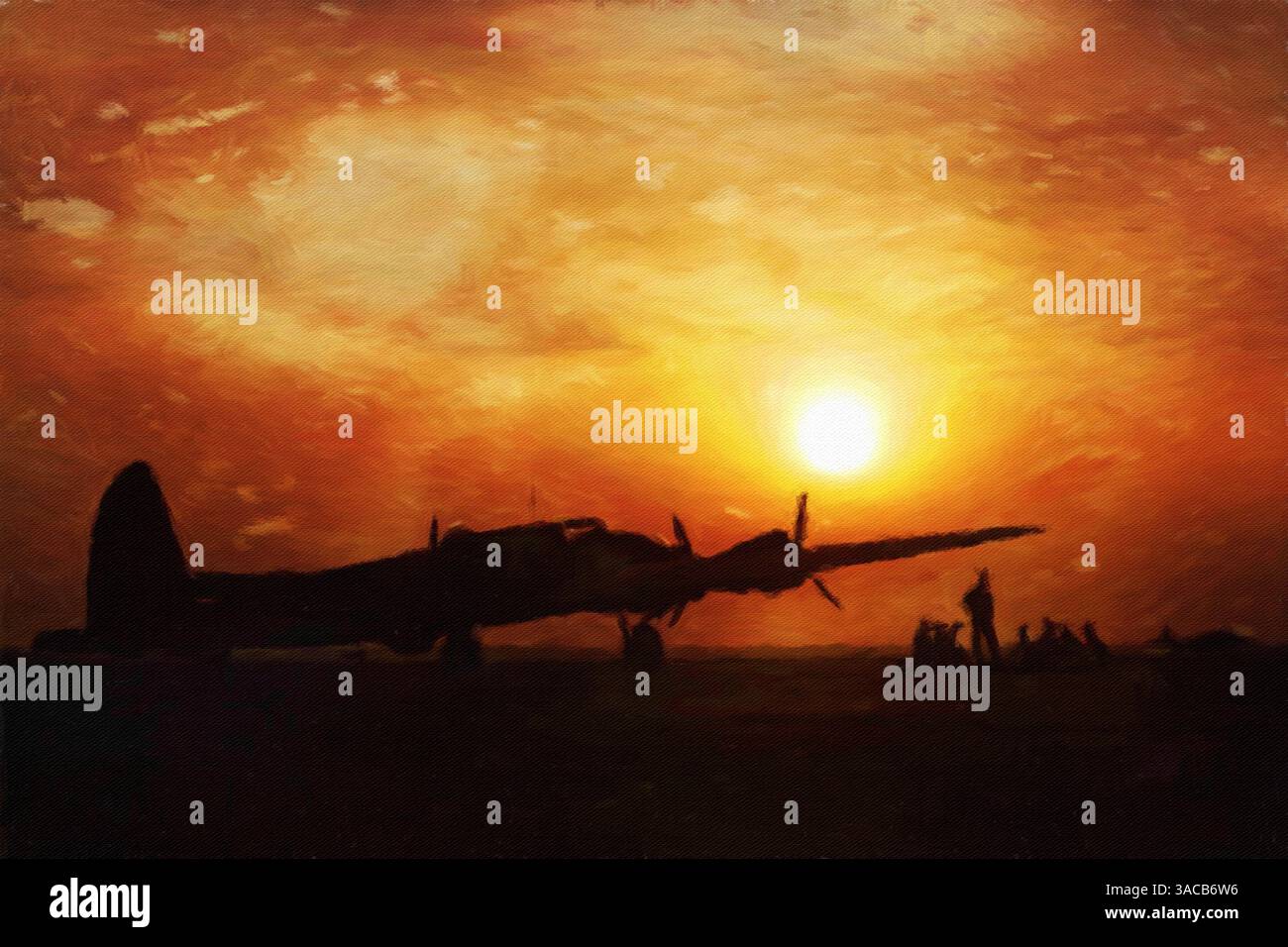 Silhouette bei Sonnenuntergang der B-17 Flying Fortress, Langley Field, Hampton, Virginia, Vereinigte Staaten, Juli 1942. Stockfoto
