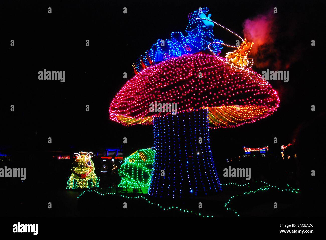 Große Figuren und Pilze werden bei einer Nachtparade in Orlando Florida mit vielen Lichtern beleuchtet Stockfoto