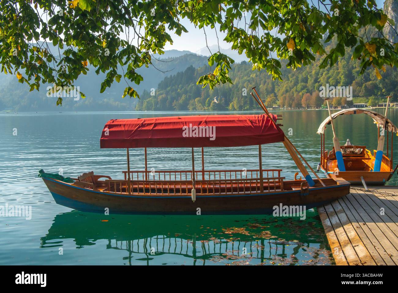Slowenien, Bleder, Bleder See. Nahaufnahme traditioneller hölzerner Flachbodenboote. ©Cathy & Gordon Illg / Jaynes Gallery / DanitaDelimont.com Stockfoto