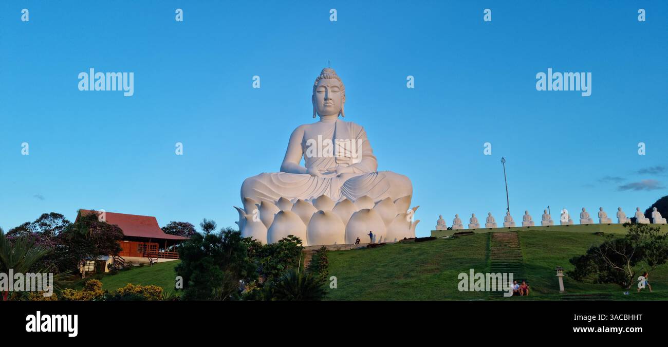 Während das letzte Licht des Tages der Dämmerung weicht, sitzt eine ruhige und majestätische weiße Buddha-Statue friedlich auf einem grünen Hügel. - Smartphone-aufgenommenes Stockfoto