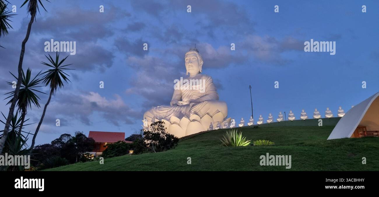Während das letzte Licht des Tages der Dämmerung weicht, sitzt eine ruhige und majestätische weiße Buddha-Statue friedlich auf einem grünen Hügel. - Smartphone-aufgenommenes Stockfoto
