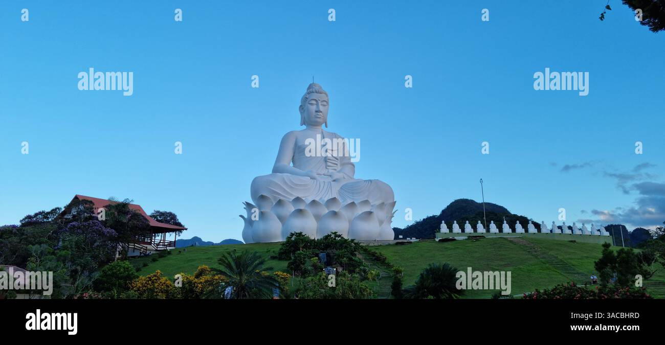 Während das letzte Licht des Tages der Dämmerung weicht, sitzt eine ruhige und majestätische weiße Buddha-Statue friedlich auf einem grünen Hügel. - Smartphone-aufgenommenes Stockfoto