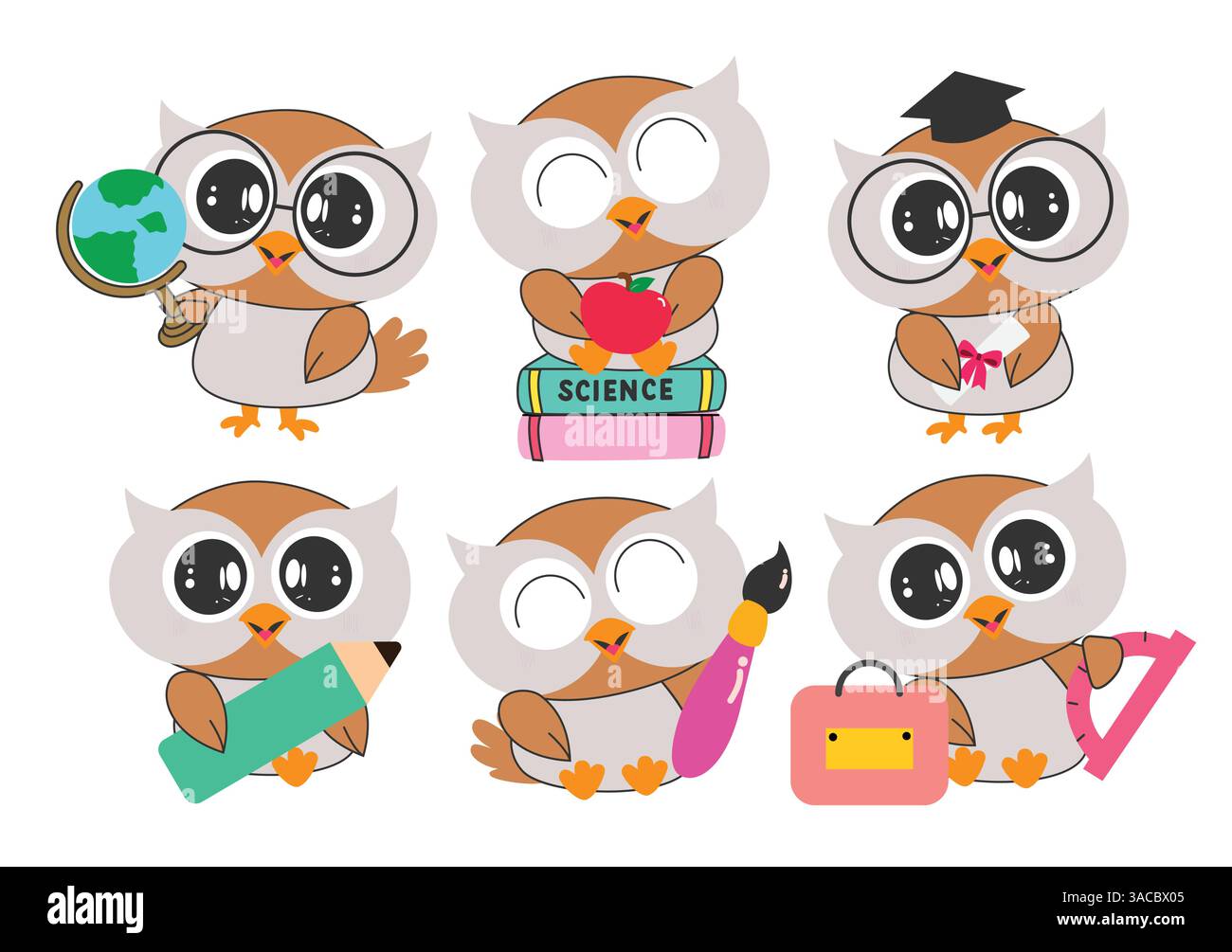 Clipart-Zeichensatz für Eulen-Schulcharakter. Niedliche, clevere und elegante Clipkunstsammlung mit Figuren der Eule-Ikone mit pädagogischen Elementen wie Globus, Bücher, Stock Vektor