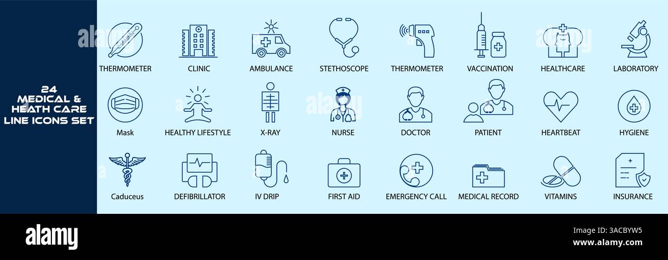 Medizinische und Healthcare Line Icons Set 24 moderne dünne Umrisssymbole für Krankenhaus, Klinik, Notfall und Wellness. Stock Vektor