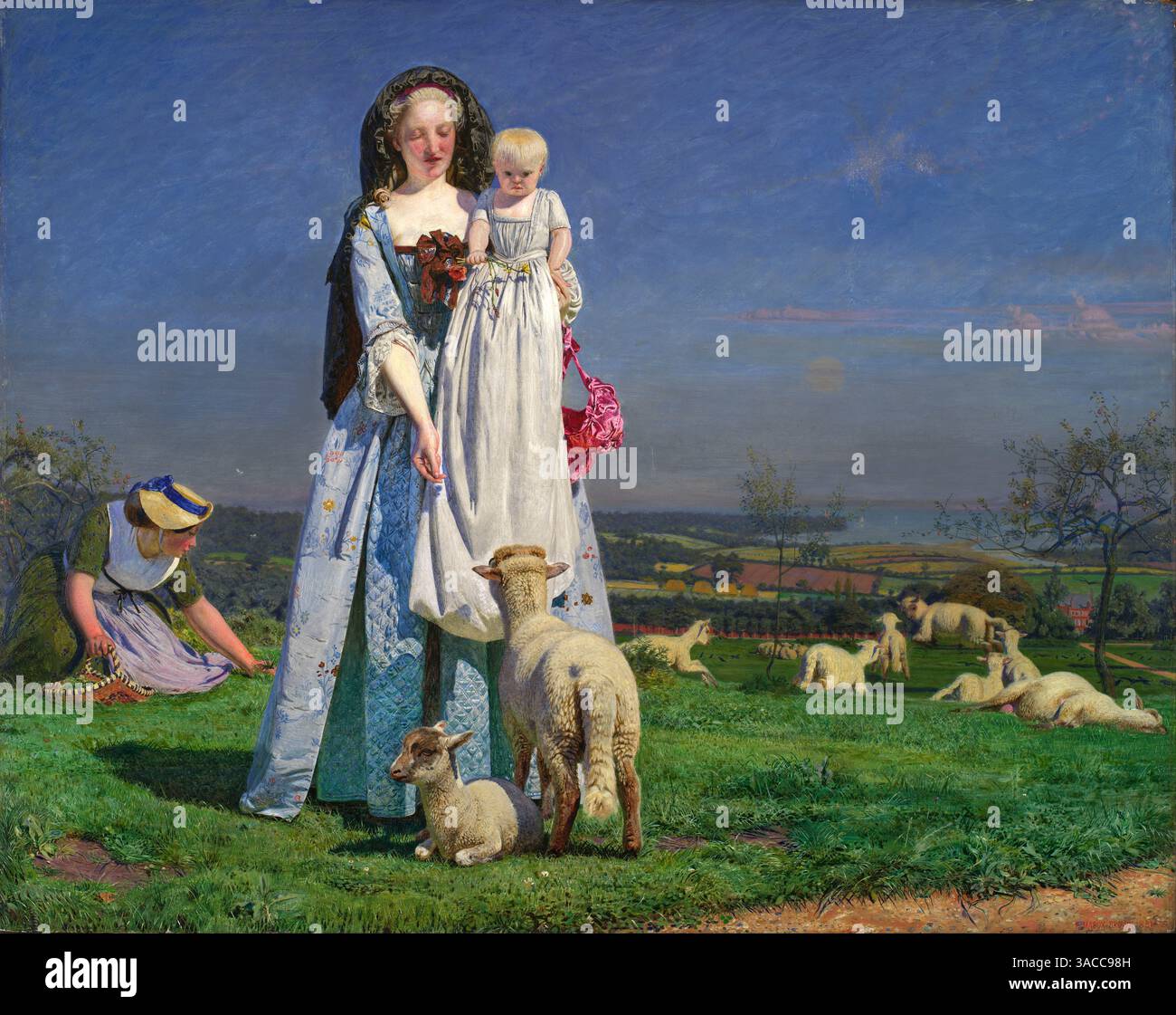 The Pretty Baa-Lambs ist ein Ölgemälde, das 1851 vom englischen Pre-Raphaelite-Künstler Ford Madox Brown erstellt wurde und Teil der Sammlung der Birmingham Museums and Art Gallery in Großbritannien ist. Stockfoto