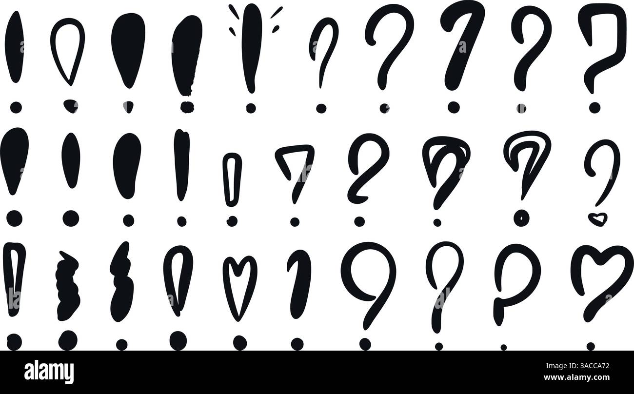 Ausrufezeichen und Fragezeichen Kritzelstil festgelegt. Symbole für handgezeichnete Tintenfragen und Akzente. Gruppe von Interpunktionszeichen mit verschiedenen Variationen Stock Vektor