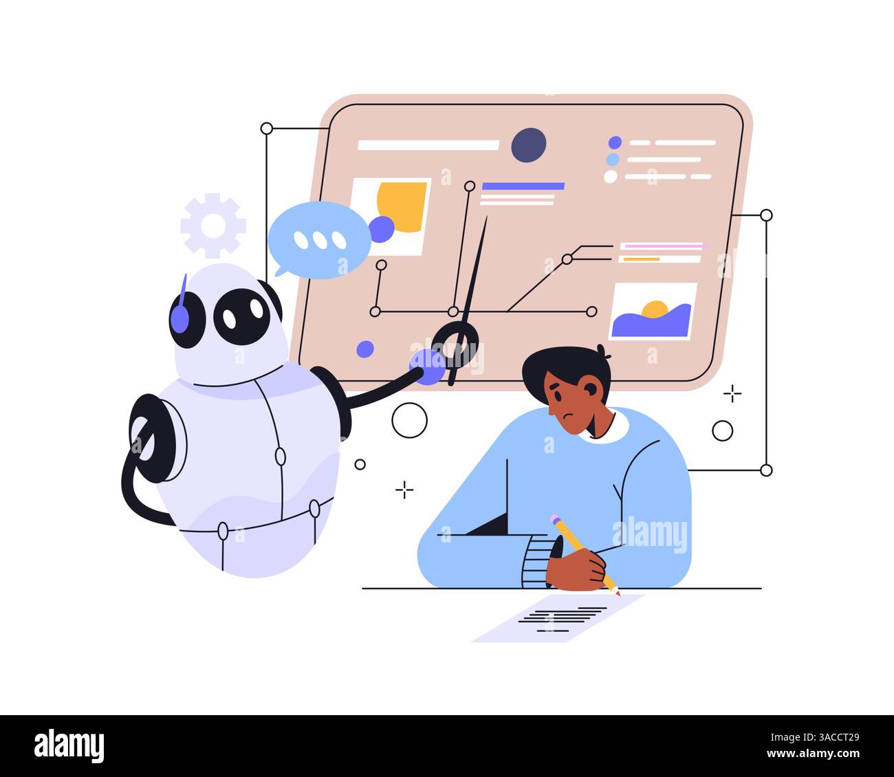 Vektordesign für Online-Lern- und Lernkonzept. Künstliche Intelligenz oder KI-Lehrerillustration für den digitalen Unterricht. Roboter für Studien und Analysen. Stock Vektor