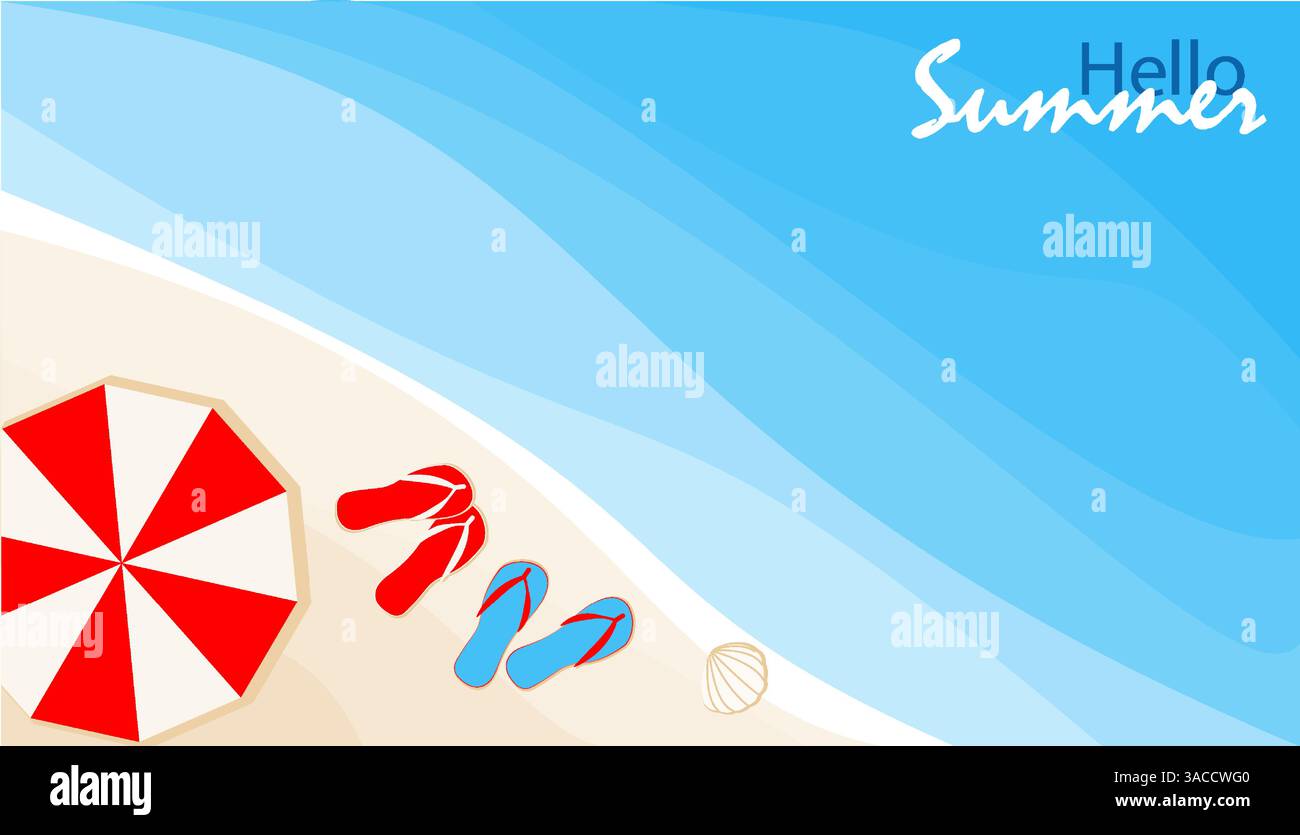 Ein lebhafter Sommertag am Strand bietet einen rot-weiß gestreiften Regenschirm neben bunten Flipflops auf dem weichen Sand. Das klare blaue Wasser Stock Vektor